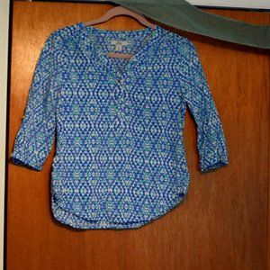 Croft & Barrow Womens Petite Small Blouse, Turquoise, Blue & White